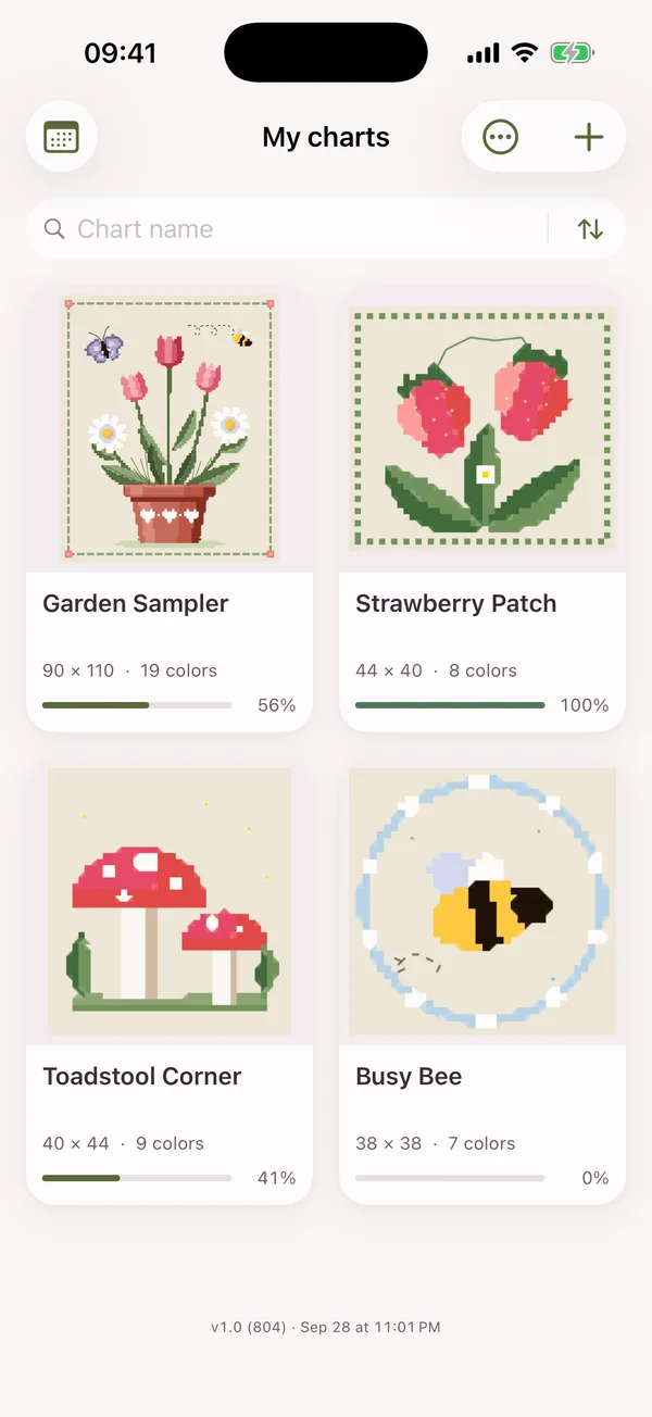 A shelf of cross-stitch charts with the progress of each